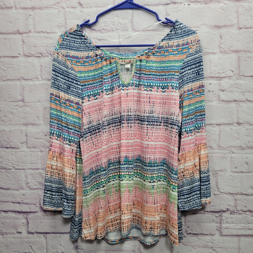 NEW Spense‎ Petite Boho Aztec Print Blouse Sz PM Bell Sleeve Bohemian Festival